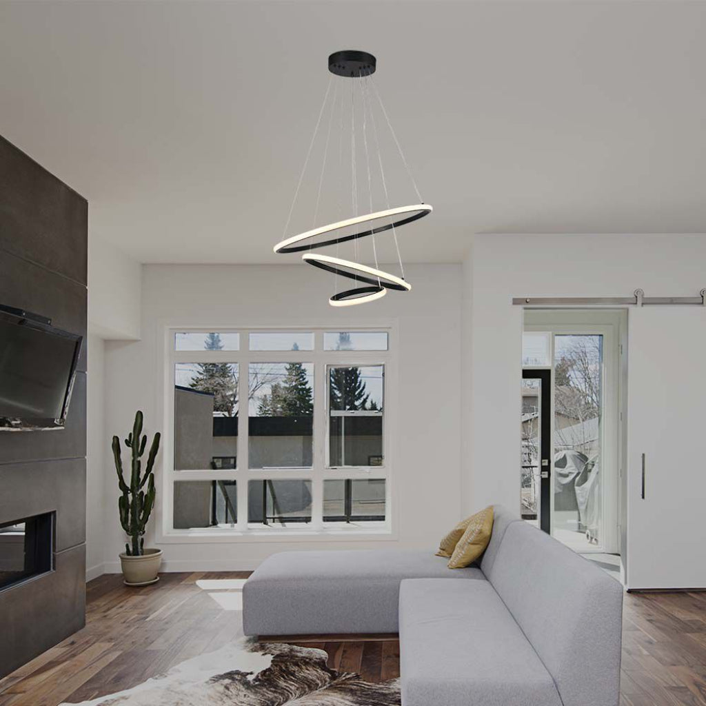 Modern LED Ring Pendant Light 32W – 3 Ring Ceiling Chandelier Black / White / Gold